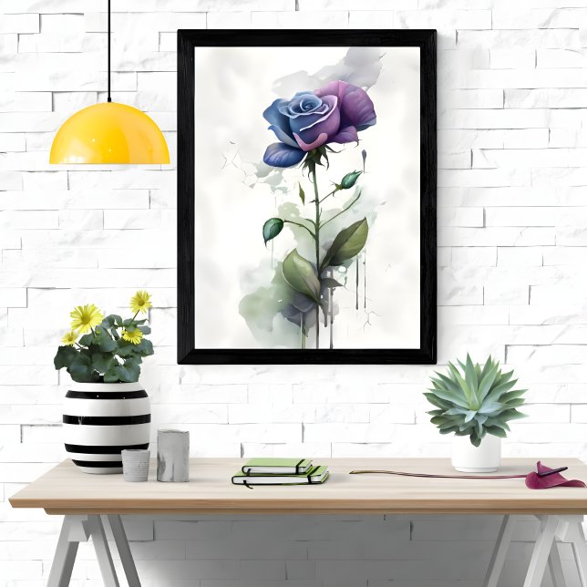 Poster Arte de Aquarelas Purple & Blue Rosa Botanical (Criador carregado)