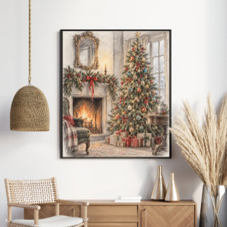 Poster Arte de Árvore de Natal e Lareira Aconchegante Vin