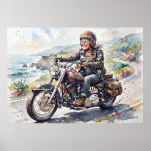 Poster Arte de Avó Biker em Aquarela Pilotando Moto