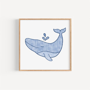 Poster Arte de berçário de baleia azul em aquarela fofa