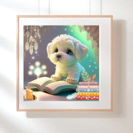Poster Arte de berçário de cachorrinho lendo um livro 