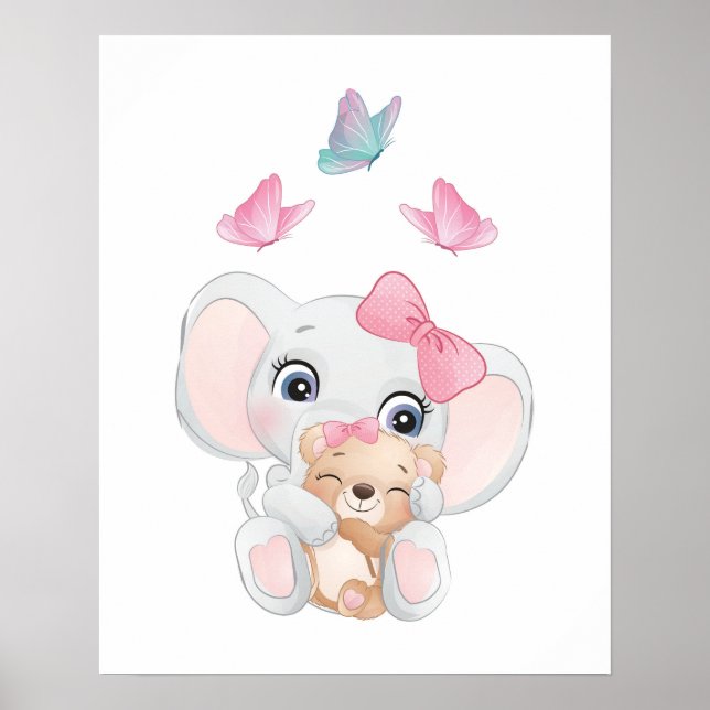 Poster Arte de Berçário de Elefante Fofo (Frente)