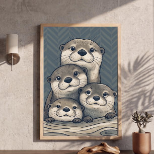 Poster Arte de berçário de família de lontra fofa Chevron