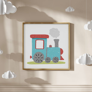 Poster Arte de berçário de trem desenhado à mão fofa e mo