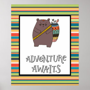 Poster Arte de Berçário do Urso Boho - Aventura Espera