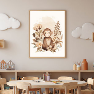 Poster Arte de Berçário Infantil Boho Neutro Safari Macac
