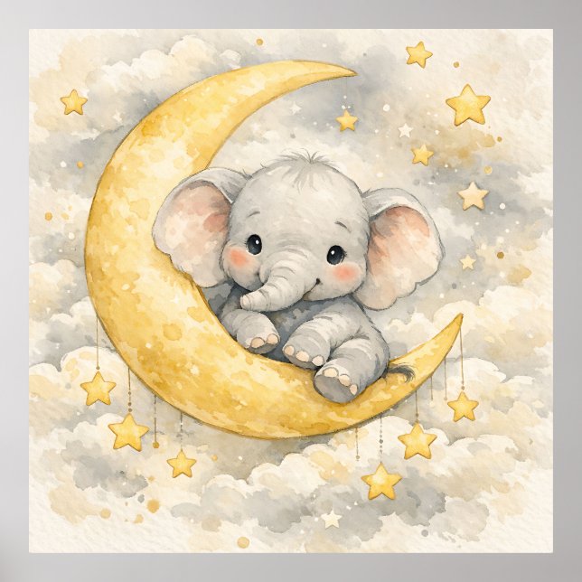 Poster Arte de Berçário Lua de Elefante Fofo (Frente)