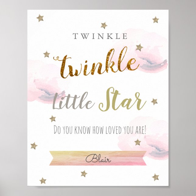 Poster Arte de Berçário Rosa Twinkle Twinkle Little Star (Frente)