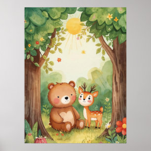Poster Arte de Berço Florestal de Urso e Cervo Fofo em Aq