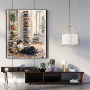 Poster Arte de biblioteca   pilha de livros   presente pa