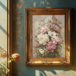 Poster Arte de Buquê de Peônia Rosa e Branco Vintage Boni