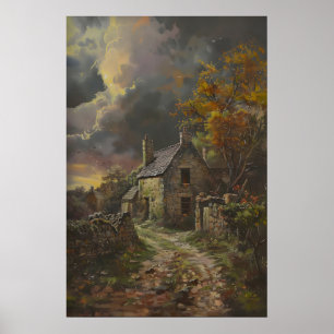 Poster Arte de Cabana de Pedra de Outono, Decoração Rústi