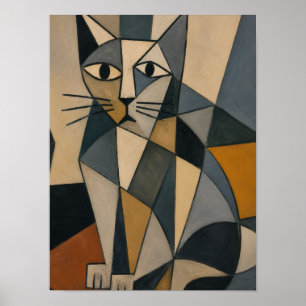 Poster Arte de Cabeça de Gato Cubista Abstrata Geométri