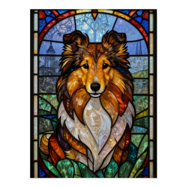 Pôster Arte de Cachorro em Vidro Pintado Sheltie Shetland (Frente)