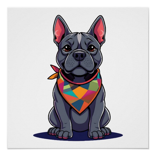 Pôster Arte de cachorro Pitbull francês fofo com bandana (Frente)