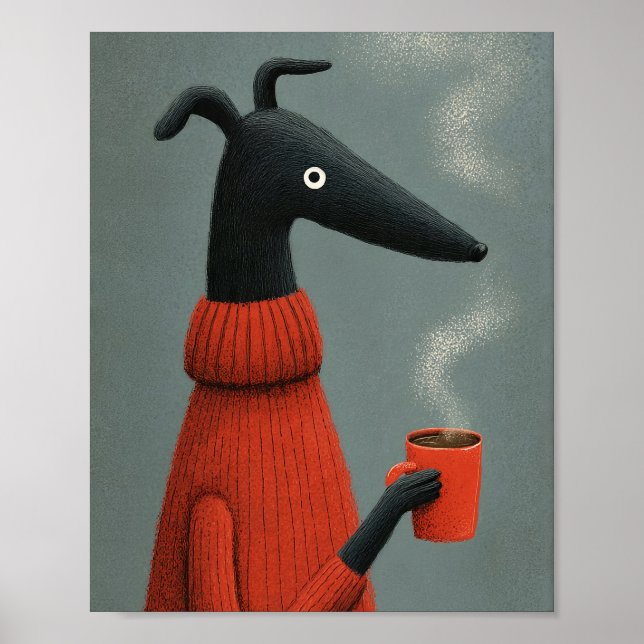 Poster Arte de Café com Cachorro Preto Estilizado (Frente)