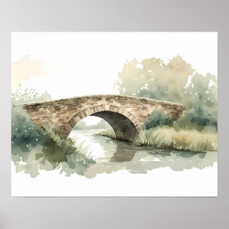 Poster Arte de Campo em Aquarela Ponte de Pedra Rústica