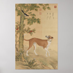 Poster Arte de Cão Greyhound Chinês Vintage e Pássaro