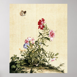Poster Arte de Carnations e Borboleta em Chinoiserie Vint