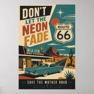 Poster Arte de Carro Clássico Motel Vintage da Rota 66