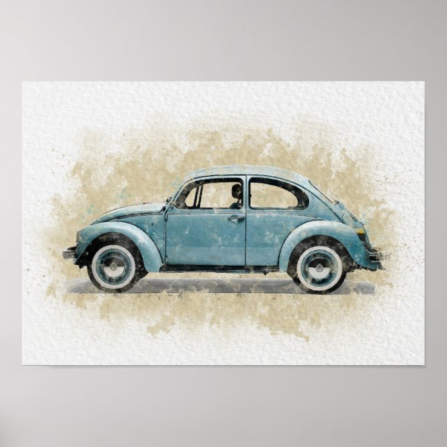 Poster Arte de Carro Retro - Cor Azul (Frente)