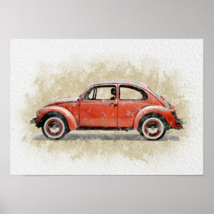 Poster Arte de Carro Retro - Cor Vermelha