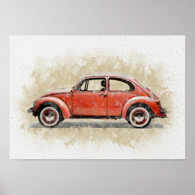 Poster Arte de Carro Retro - Cor Vermelha (Frente)