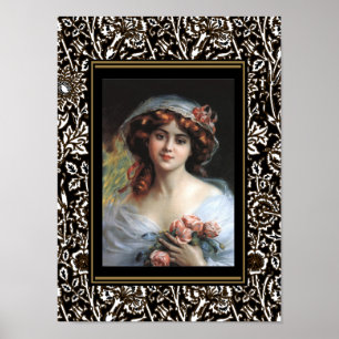 Poster Arte de Cartaz Senhora Vintage com Rosas Cor-de-Ro