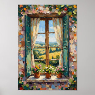 Poster Arte de Casa de Campo com Janela Floral Vintage