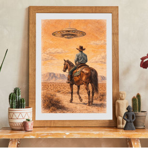 Poster Arte de Cena do Deserto de Cowboy e OVNI, Ficção C