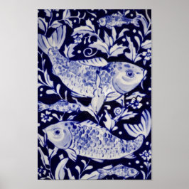 Poster Arte de Chinoiserie de Peixes Azuis e Brancos
