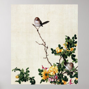 Poster Arte de Chinoiserie Rosa Amarela Vintage e Pássaro