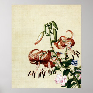 Poster Arte de Chinoiserie Vintage com Lírio-Tigre e Peôn