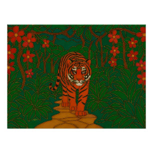 Pôster Arte de Cloisonne Tigre no Caminho da Selva