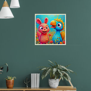 Poster Arte de Coelho Papagaio de Desenho Animado Fofo