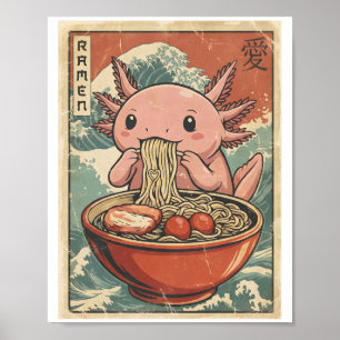 Poster Arte de comida japonesa Ramen Axolotl retrô Kawaii