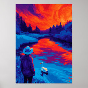 Poster Arte de Contemplação do Pôr do Sol no Rio Expressi