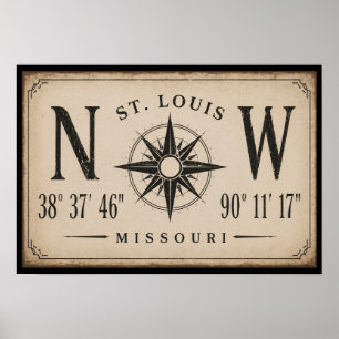 Poster Arte de Coordenadas de Bússola Vintage St. Louis M