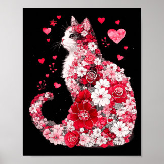 Poster Arte de Coração de Gato Floral Design Romântico pa