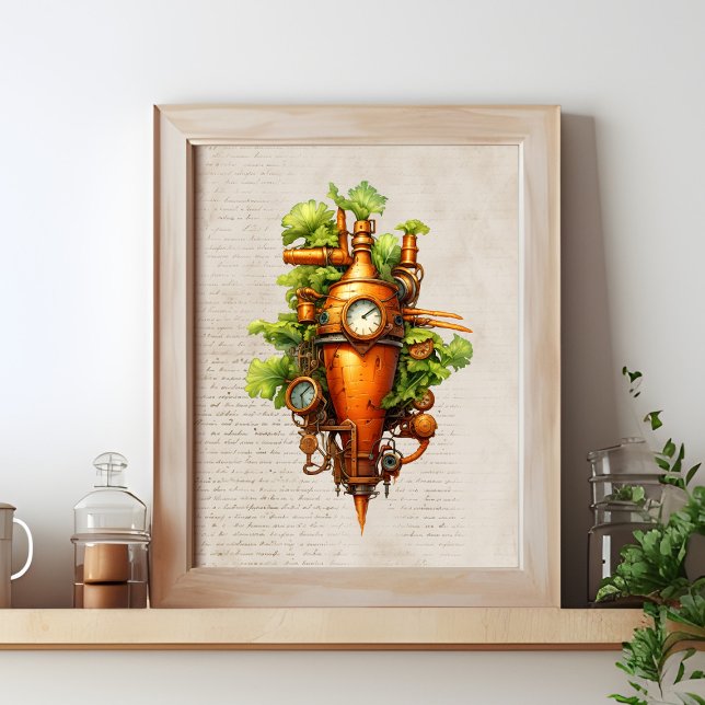 Poster Arte de cozinha Steampunk, Cenoura (Steampunk wall art shown in a frame on a kitchen shelf)