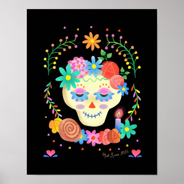 Poster Arte de Crânio de Açúcar do Día de los Muertos (Frente)