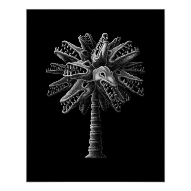 Pôster Arte de Crânios Góticos Preto e Branco Árvore de T (Frente)