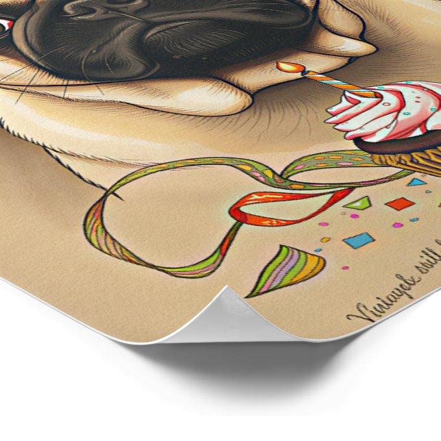 Poster Arte de Cupcake de Aniversário de Pug Fofo (Borda)