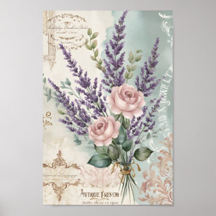 Poster Arte de Decoupage de Rosas Francesas Vintage Shabb