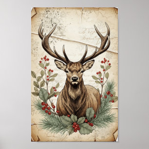 Poster Arte de Decoupagem de Veado de Natal Vintage