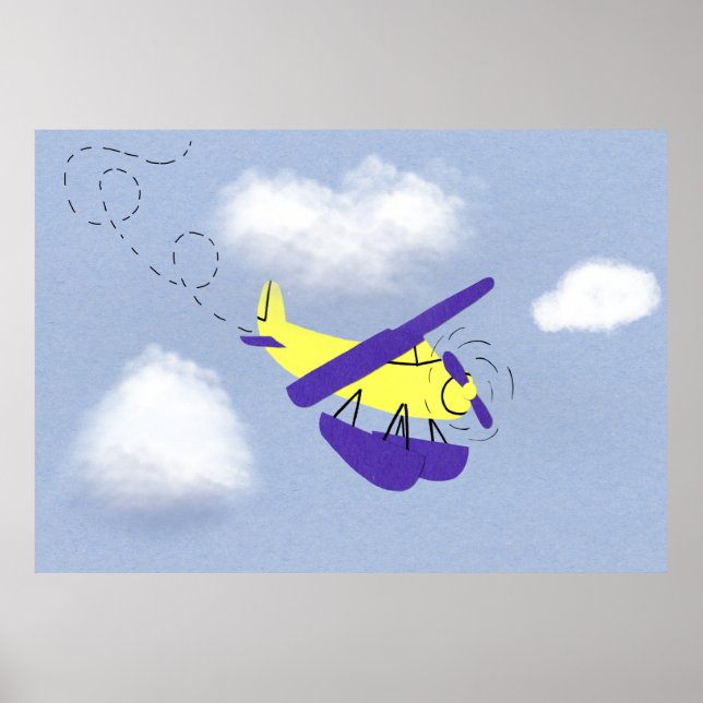 Pôster Arte de desenho amarelo e azul do avião (Frente)