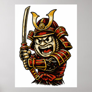 Poster Arte de desenho animado de guerreiro samurai japon