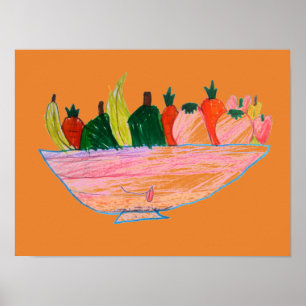 Pôster Arte de desenho animado engraçado de salada de fru