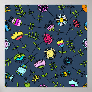 Poster Arte de Design de Padrão Floral Caprichoso