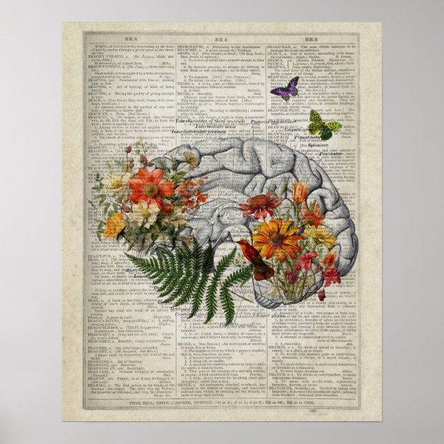 Poster Arte de dicionário de anatomia cerebral com flores (Frente)